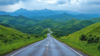 Fototapeta premium Scenic Mountain Road Trip: Winding Asphalt Through Lush Green Hills