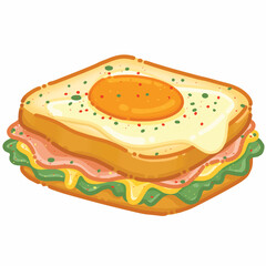 Cartoon sandwich with fried egg, ham, cheese and lettuce - colorful food illustration, hamburger on a white background 
