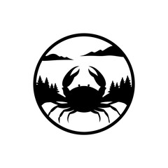 Black silhouette crab design inside a circle featuring nature elements