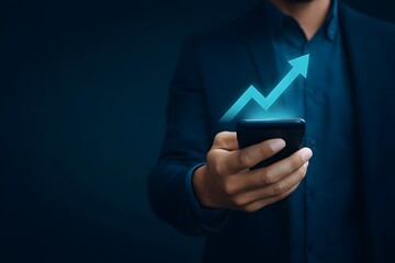 Businessman checks upward trending graph on smartphone signifying growth success and financial prosperity