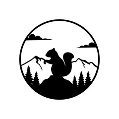 Silhouette design of squirrel in a circle with mountains and trees on white background © MdHabibur