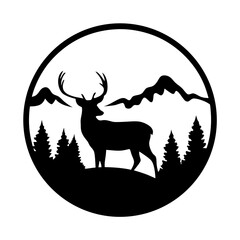 Silhouette of a majestic deer with mountains and trees in a circle
