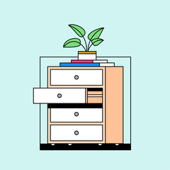 Simple Flat Modern Drawer Furniture with Books and Plants