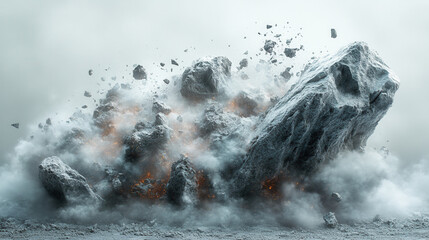 intense explosion breaking apart a large rock in mid-air with flying debris, framed by a white backdrop  