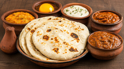 Traditional Indian Cuisine with Flatbread, Curries, Yogurt, Egg, and Side Dishes on Wooden Table