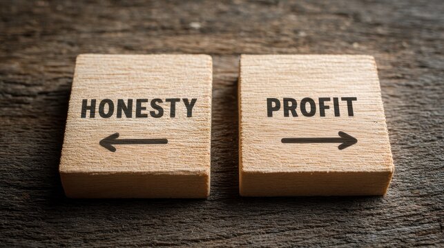 Conflict of Interest concepts. Two wooden blocks labeled "Honesty" and "Profit" with arrows pointing in opposite directions, representing a moral or business dilemma.