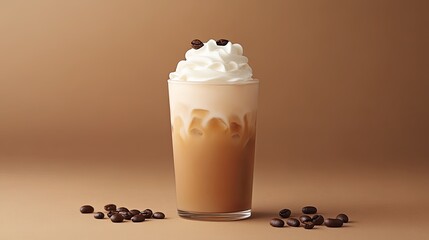 Stylish iced coffee with whipped cream and coffee beans.