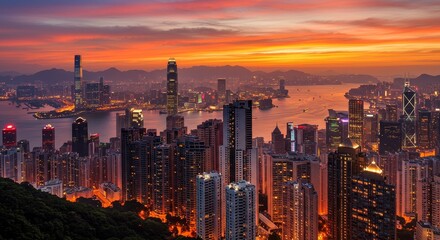 Fototapeta premium Photo Vibrant Hong Kong City Skyline Urban Architecture Night View