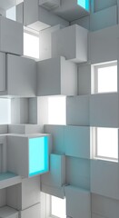 Obraz premium Abstract White Cubes, Glowing Teal Accents