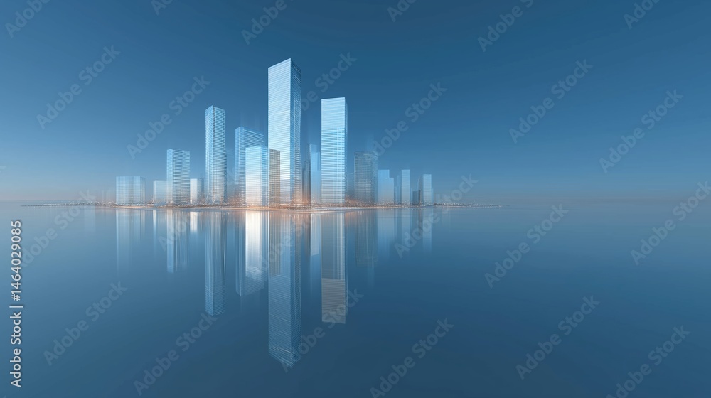 Poster 3d rendered glass skyscrapers on gradient blue backdrop with minimalist urban landscape and empty fl