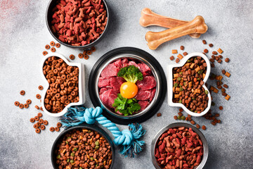 Dry pet food with natural ingredients. Raw meat in a bowl for pets. A set of different fodder and...