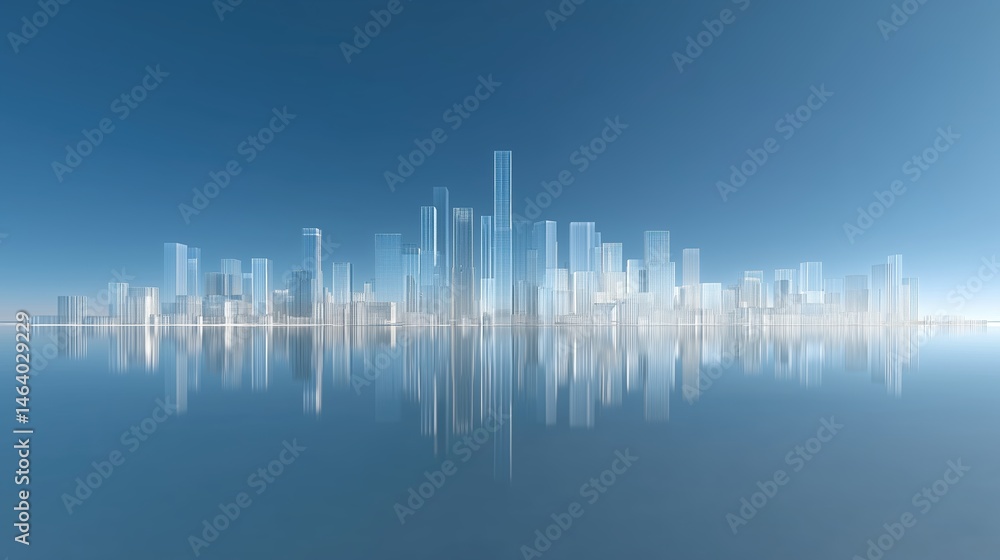 Poster 3d rendered glass skyscrapers on gradient blue backdrop with minimalist urban landscape and empty fl