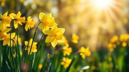 Fototapeta premium Vibrant yellow daffodils bask in bright sunlight creating a cheerful sp scene perfect for cards or website backgrounds.