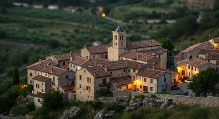 Obraz premium Aerial view of an Italian village with terracotta rooftops and church tower.
