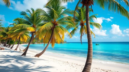 Lush tropical palm trees shade a pristine white sand beach with turquoise ocean water under a vibrant blue sky perfect for vacation.