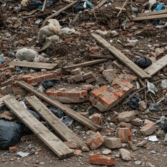 Pile of Mixed Construction Debris with Bricks Wood and Waste