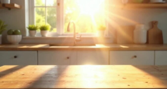 Cozy modern kitchen interior with warm morning sunlight through window