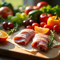 A variety of fresh ingredients are arranged on wooden cutting boards in a sunny kitchen. There are meats, vegetables, and fruits, showcasing vibrant colors and textures perfect for meal preparation.