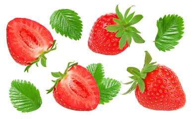 Sliced strawberry with green leaves isolated on white background. macro. clipping path