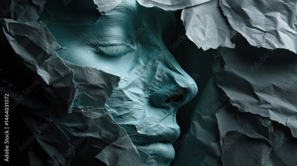 Poster close-up of a face partially hidden by textured, crumpled paper, creating a mysterious and abstract 