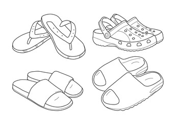 Vector set of summer sandals: flip-flops, slides, crocs, and beach slippers. Fun casual footwear illustration, perfect for summer, vacation, or beach-themed designs.