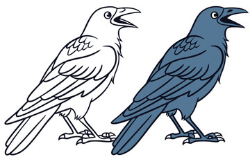 76 Cartoon crows, side-by-side comparison, black and white outline, colored illustration, corvid anatomy, detailed feathers, sharp beaks, intelligent eyes, perched birds, educational diagram, ornithol