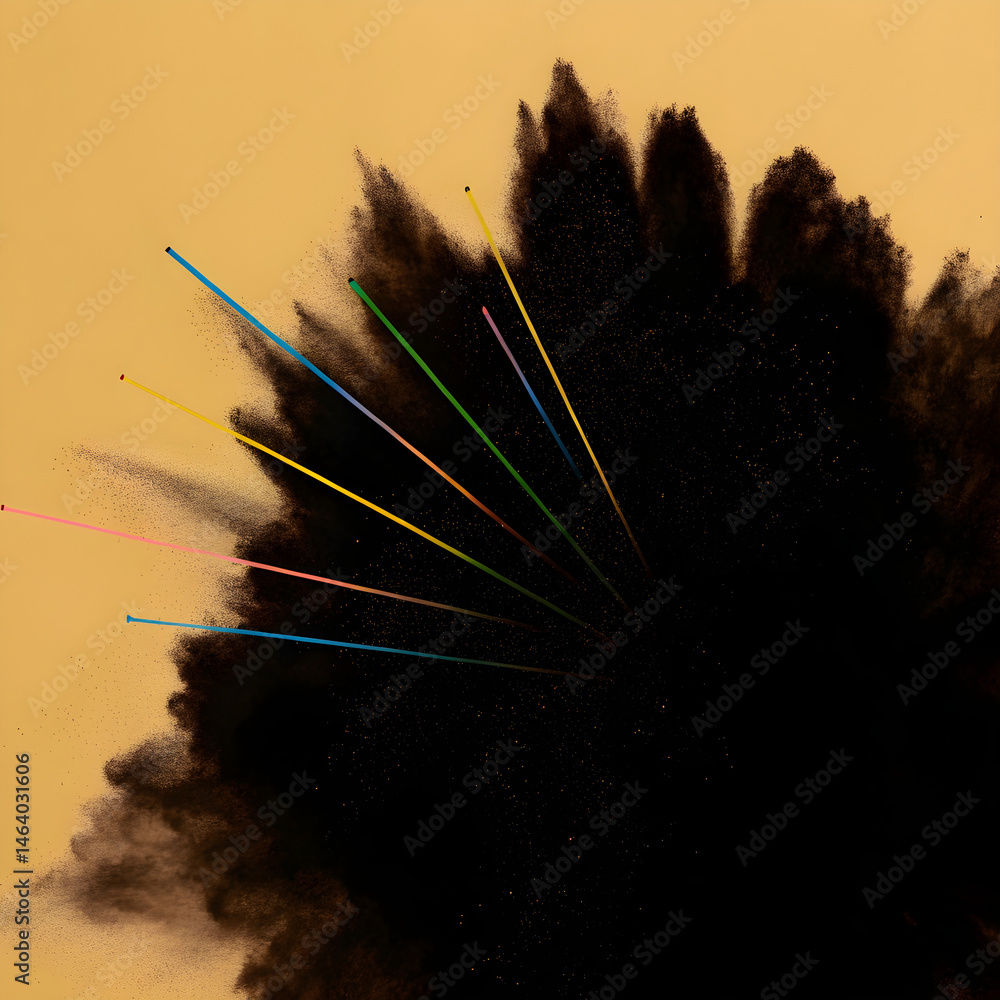 Poster abstract black cloud with colorful lines against a tan background creating a dynamic composition