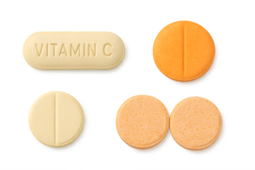 A variety of dietary supplements, including a Vitamin C tablet and several chewable tablets in orange and yellow. Concept Dietary Supplements, Vitamin C Benefits, Chewable Tablets