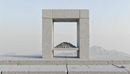 AI-generated minimalist stone structure with pebbles, set against a hazy mountain backdrop