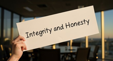 Hand holding paper with text Integrity and Honesty in boardroom setting.