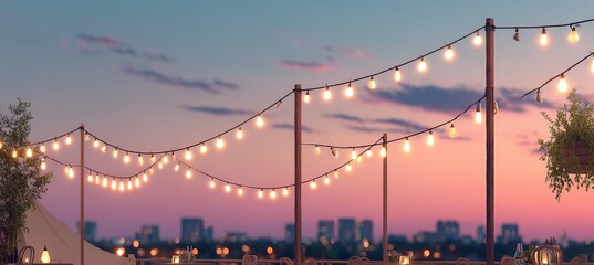 Golden Hour Celebration Festive String Lights Add A Magical Sparkle To The City Skyline At Dusk.