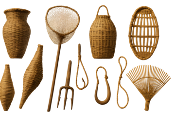 A collection of woven bamboo or wicker items, including pots, baskets, tools, and fishing nets. Concept Woven Bamboo Crafts, Wicker Baskets, Decorative Pots, Fishing Nets, Artisan Tools