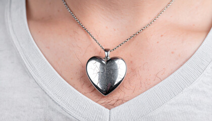 Heart Pendant, Reflective Silver, Gleaming and Close Up: A Symbol of Affection, Timeless Elegance.