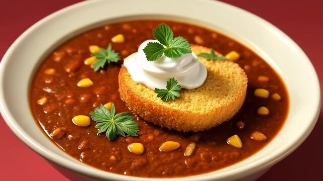 Chili with beans and corn topped with crouton and sour cream in white bowl.