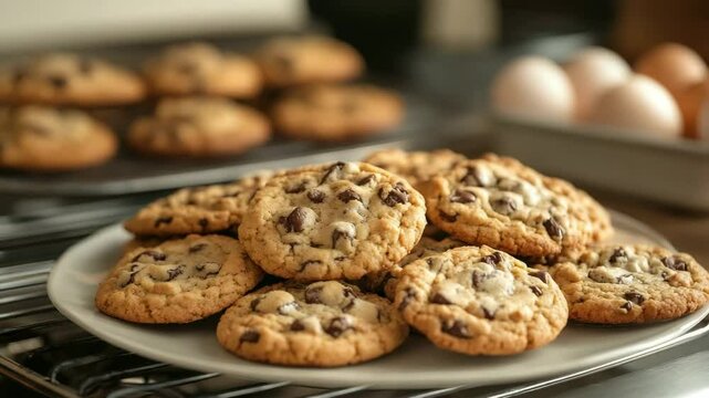 Warm baked chocolate chip cookie dessert on white plate with eggs and sweet snack, inviting homemade treat for every chocolate lover
