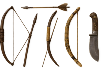 A collection of traditional weapons, including bows, arrows, and a knife, showcasing various designs and materials. Concept Traditional Weaponry, Bow and Arrow Designs, Knife Varieties