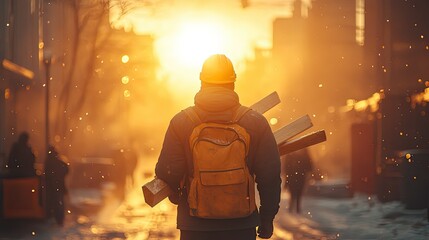 Worker walking city sunset winter.