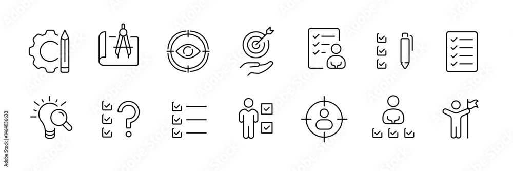 Poster business and productivity icon set – outline style symbols for task management and goal setting: gea