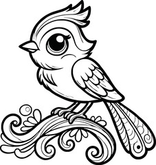 black and white line art vector cartoon bird isolated for coloring page