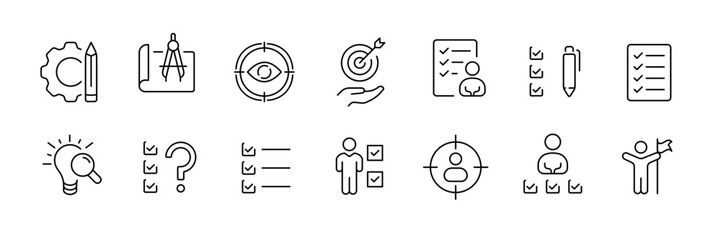 Business and productivity icon set – outline style symbols for task management and goal setting: gear, pencil, target, checklist, lightbulb, question mark, user, flag