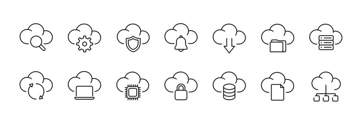 Cloud computing icon set – linear style technology and security symbols for data management and network solutions: cloud, download, shield, gear, server, database, folder