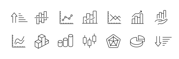 Data analysis icon set – line style analytics and graph symbols for statistical and business insights: bar chart, line graph, pie chart, histogram, scatter plot, candlestick, radar chart