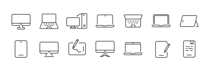 Device icon set – line style computer and technology symbols for digital interfaces and electronics: desktop, laptop, tablet, smartphone, monitor, screen, e-reader