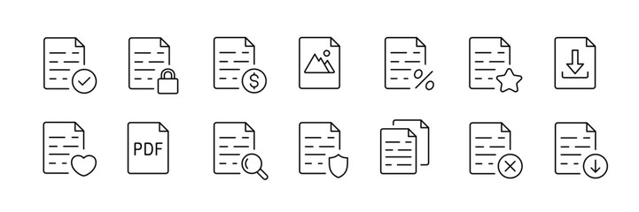 Document management icon set - outline style with file, lock, money, image, percentage, star, download for efficient office workflow and organization