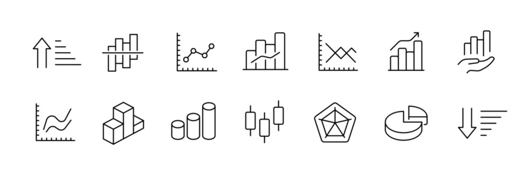 Data analysis icon set &ndash; line style analytics and graph symbols for statistical and business insights: bar chart, line graph, pie chart, histogram, scatter plot, candlestick, radar chart