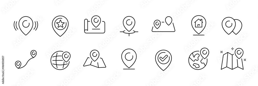 Aufkleber location and navigation icon set – outline style directional and mapping symbols for digital tools, 