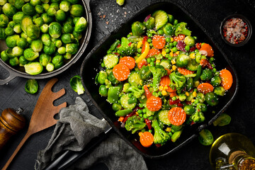 Grilled vegetables in a frying pan. Close up. Organic food.