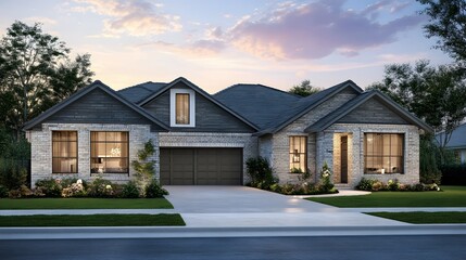 Exterior view of a modern home design at twilight.