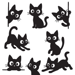 Set of black cats looking out of the corner.. cat collection . vector 