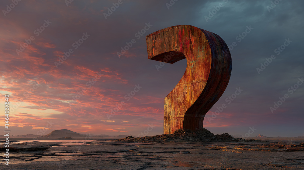 Poster large rusty question mark stands in a desolate landscape at sunset, symbolizing uncertainty, inquiry